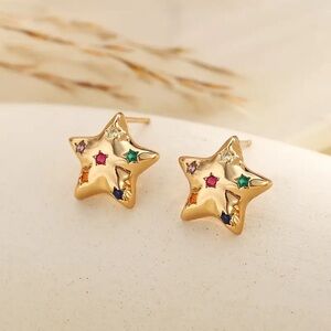 Betsey Johnson 18k Gold Star Earrings with Multicolor Gems